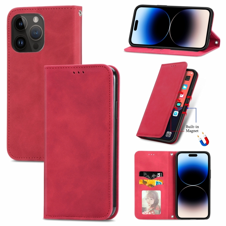 

For iPhone 14 Pro Max Retro Skin Feel Magnetic Flip Leather Phone Case(Red)