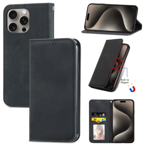 

For iPhone 16 Pro Max Retro Skin Feel Magnetic Flip Leather Phone Case(Black)