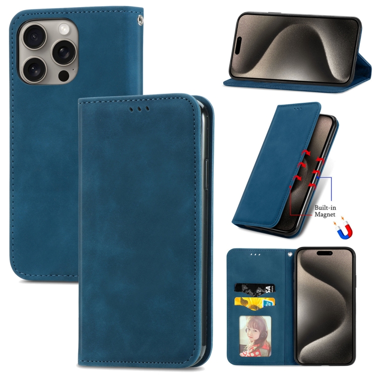 

For iPhone 16 Pro Retro Skin Feel Magnetic Flip Leather Phone Case(Blue)