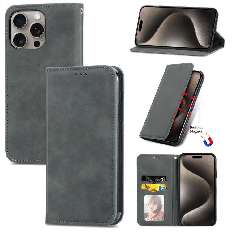 

For iPhone 16 Pro Retro Skin Feel Magnetic Flip Leather Phone Case(Gray)