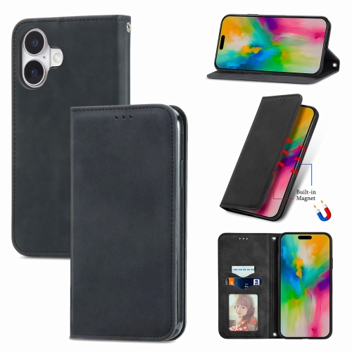 

For iPhone 16 Plus Retro Skin Feel Magnetic Flip Leather Phone Case(Black)