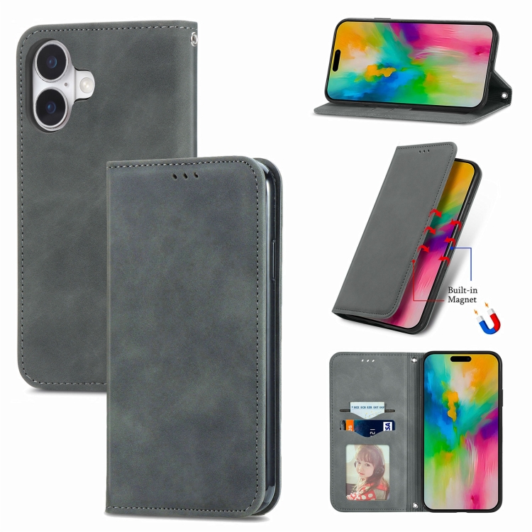 

For iPhone 16 Plus Retro Skin Feel Magnetic Flip Leather Phone Case(Gray)