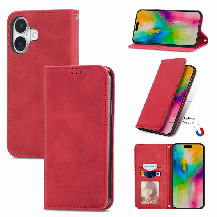 

For iPhone 16 Retro Skin Feel Magnetic Flip Leather Phone Case(Red)