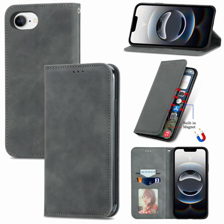 

For iPhone 16e Retro Skin Feel Magnetic Flip Leather Phone Case(Gray)