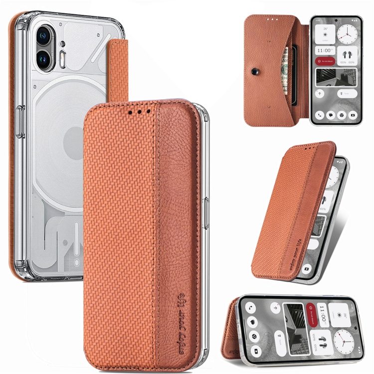 

For Nothing Phone 2 Carbon Fiber Texture Holder Wallet Leather Phone Case(Orange)