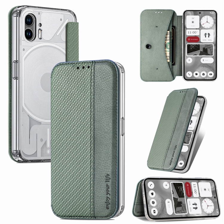 

For Nothing Phone 2 Carbon Fiber Texture Holder Wallet Leather Phone Case(Green)