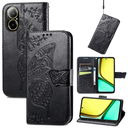 

For Realme C67 4G Butterfly Love Flower Embossed Leather Phone Case(Black)