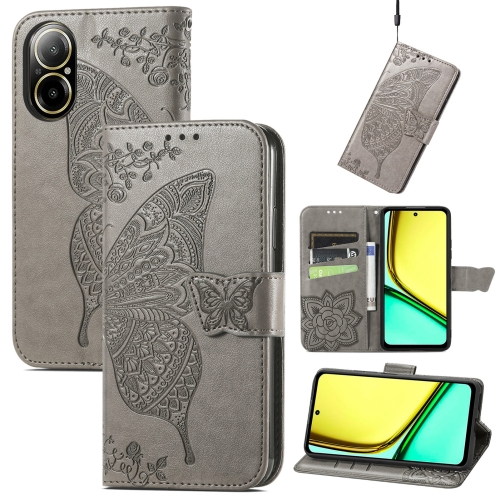 

For Realme C67 4G Butterfly Love Flower Embossed Leather Phone Case(Gray)