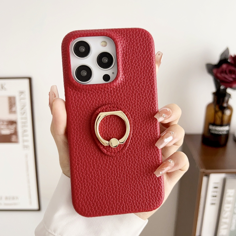 

For iPhone 15 Pro Max Litchi Texture Ring Holder Shockproof Phone Case(Red)