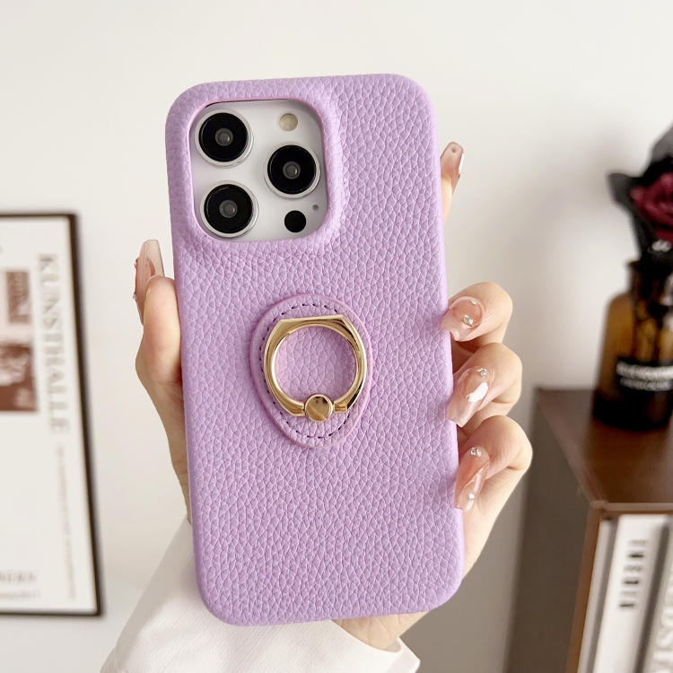 

For iPhone 15 Pro Max Litchi Texture Ring Holder Shockproof Phone Case(Purple)