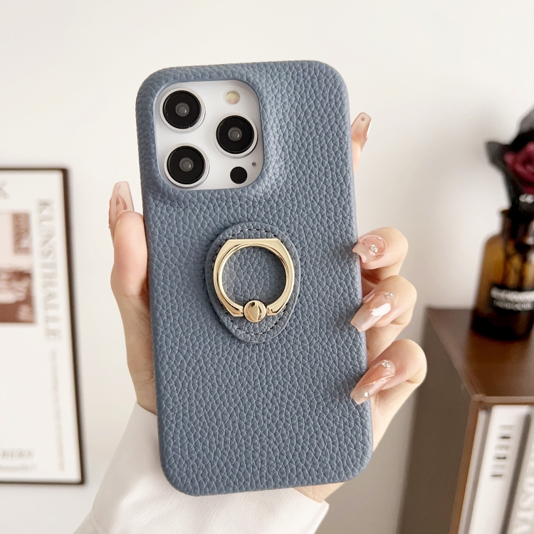 

For iPhone 15 Pro Max Litchi Texture Ring Holder Shockproof Phone Case(Grey)