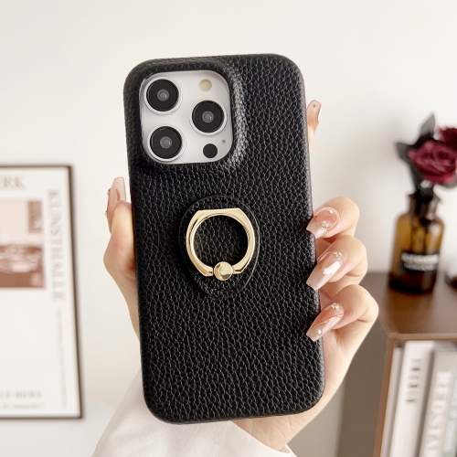 

For iPhone 15 Pro Litchi Texture Ring Holder Shockproof Phone Case(Black)