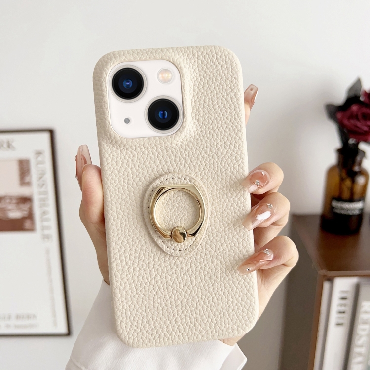 

For iPhone 15 Plus Litchi Texture Ring Holder Shockproof Phone Case(White)