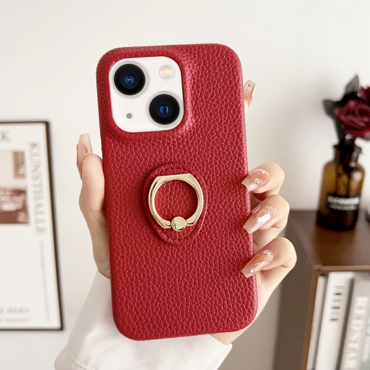

For iPhone 15 Plus Litchi Texture Ring Holder Shockproof Phone Case(Red)