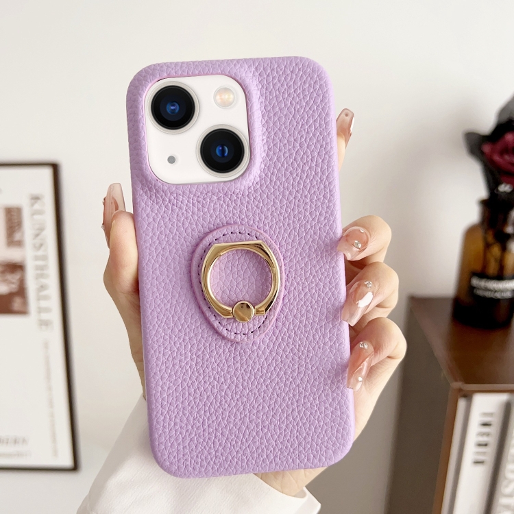 

For iPhone 15 Plus Litchi Texture Ring Holder Shockproof Phone Case(Purple)