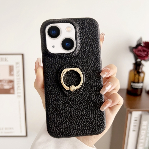 

For iPhone 15 Plus Litchi Texture Ring Holder Shockproof Phone Case(Black)