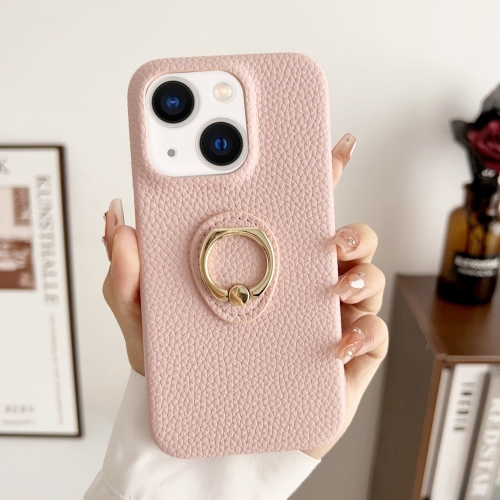 

For iPhone 15 Litchi Texture Ring Holder Shockproof Phone Case(Pink)