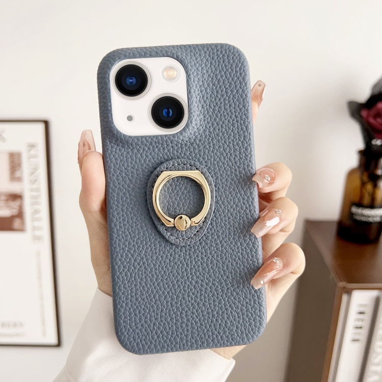 

For iPhone 15 Litchi Texture Ring Holder Shockproof Phone Case(Grey)