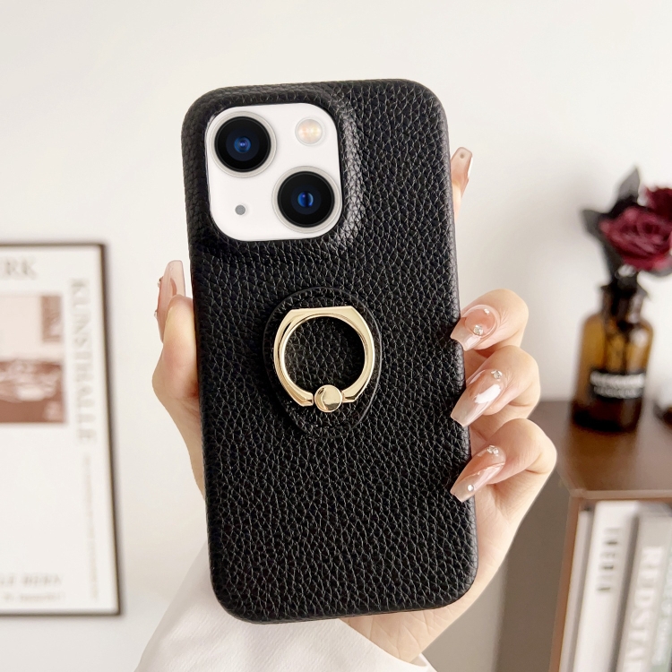 

For iPhone 15 Litchi Texture Ring Holder Shockproof Phone Case(Black)