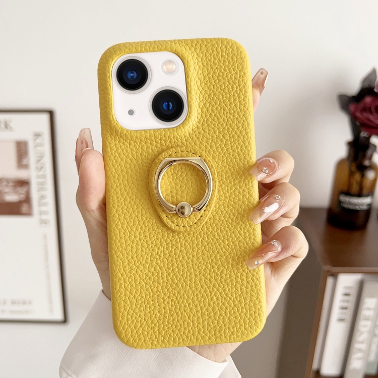 

For iPhone 15 Litchi Texture Ring Holder Shockproof Phone Case(Yellow)