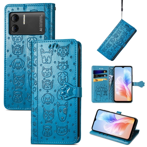 

For DOOGEE X98 Pro / X98 Cat and Dog Embossed Leather Phone Case(Blue)