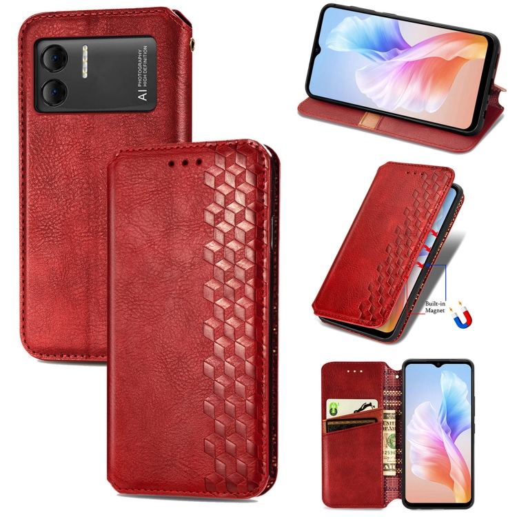 

For DOOGEE X98 Pro / X98 Cubic Grid Pressed Magnetic Leather Phone Case(Red)