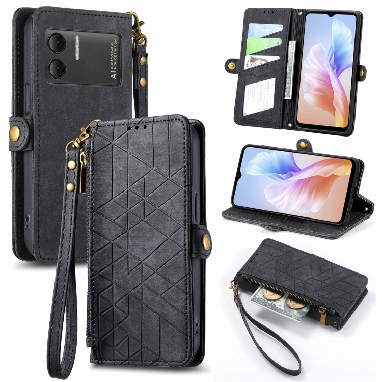 

For DOOGEE X98 Pro / X98 Geometric Zipper Wallet Side Buckle Leather Phone Case(Black)