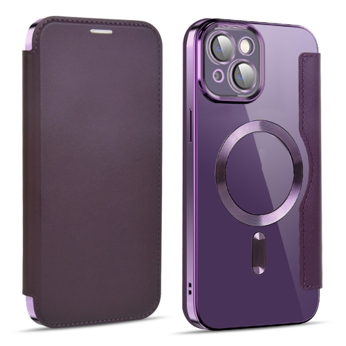 

For iPhone 15 Shield MagSafe RFID Anti-theft Leather Phone Case(Purple)