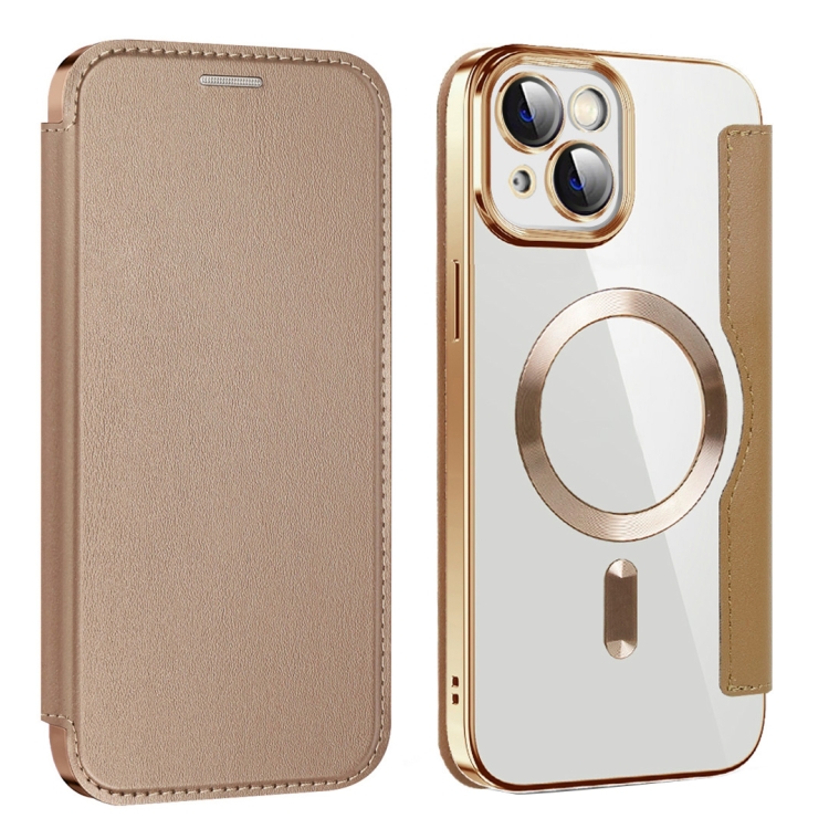

For iPhone 15 Shield MagSafe RFID Anti-theft Leather Phone Case(Desert Gold)
