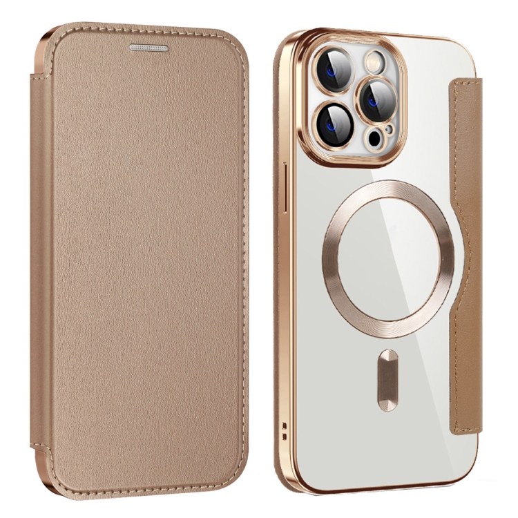 

For iPhone 15 Pro Max Shield MagSafe RFID Anti-theft Leather Phone Case(Desert Gold)