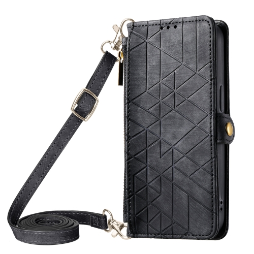 

For iPhone 11 Geometric Zipper Wallet Side Buckle Leather Phone Case with Crossbody Lanyard(Black)