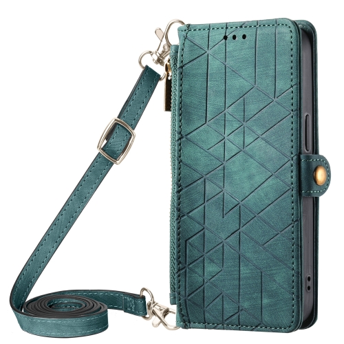 

For iPhone 11 Pro Geometric Zipper Wallet Side Buckle Leather Phone Case with Crossbody Lanyard(Green)