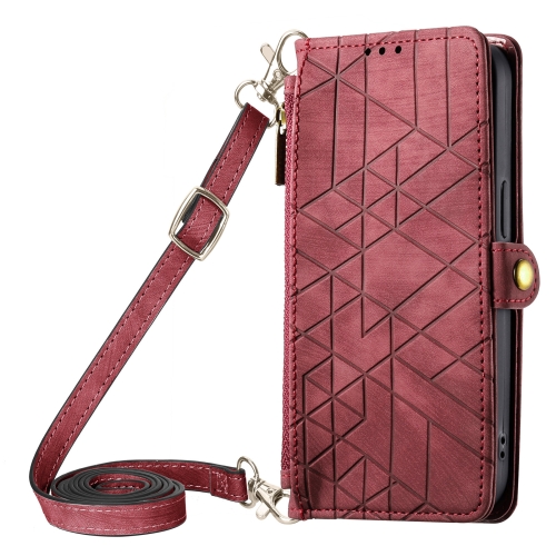 

For iPhone 12 Geometric Zipper Wallet Side Buckle Leather Phone Case with Crossbody Lanyard(Red)