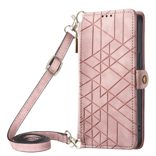 

For iPhone 13 Geometric Zipper Wallet Side Buckle Leather Phone Case with Crossbody Lanyard(Pink)