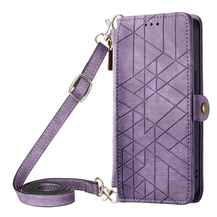

For iPhone 14 Pro Geometric Zipper Wallet Side Buckle Leather Phone Case with Crossbody Lanyard(Purple)