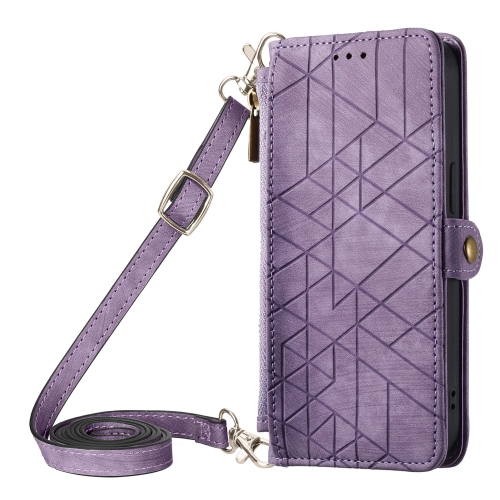 

For iPhone 15 Geometric Zipper Wallet Side Buckle Leather Phone Case with Crossbody Lanyard(Purple)