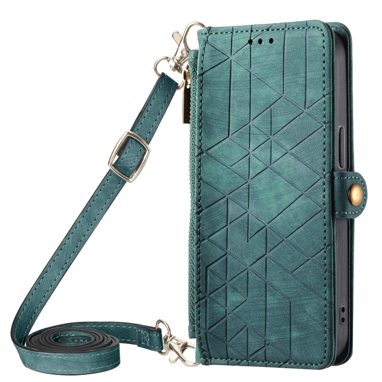 

For iPhone 15 Plus Geometric Zipper Wallet Side Buckle Leather Phone Case with Crossbody Lanyard(Green)