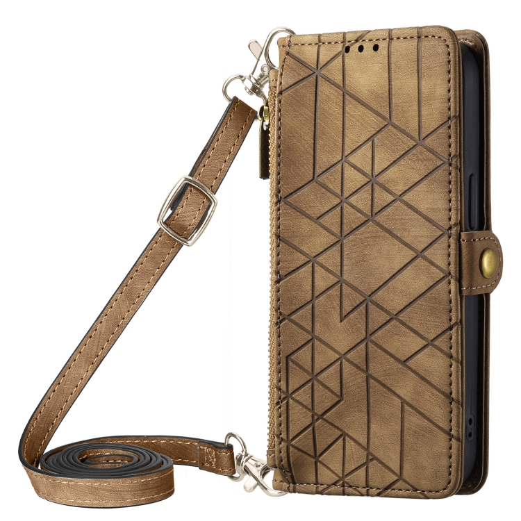 

For iPhone 15 Pro Max Geometric Zipper Wallet Side Buckle Leather Phone Case with Crossbody Lanyard(Brown)