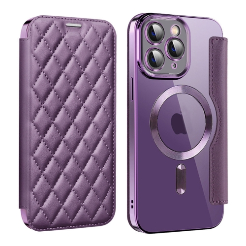 

For iPhone 11 Pro Max Shield Magsafe RFID Anti-theft Rhombus Leather Phone Case(Purple)