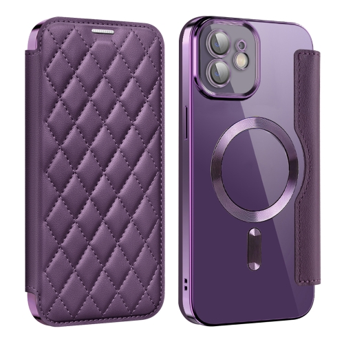 

For iPhone 12 Pro Shield Magsafe RFID Anti-theft Rhombus Leather Phone Case(Purple)