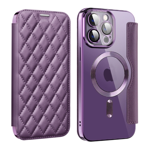 

For iPhone 12 Pro Max Shield Magsafe RFID Anti-theft Rhombus Leather Phone Case(Purple)
