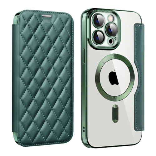 

For iPhone 12 Pro Max Shield Magsafe RFID Anti-theft Rhombus Leather Phone Case(Green)