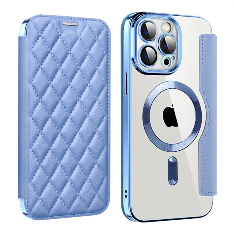 

For iPhone 13 Pro Max Shield Magsafe RFID Anti-theft Rhombus Leather Phone Case(Blue)