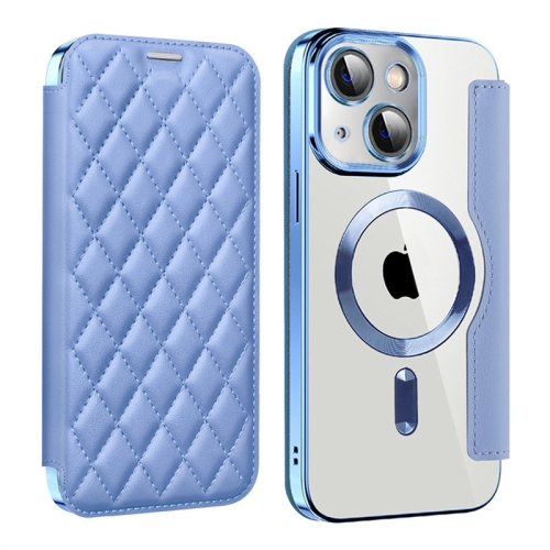 

For iPhone 14 Plus Shield Magsafe RFID Anti-theft Rhombus Leather Phone Case(Blue)