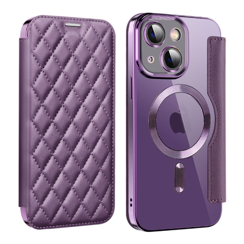 

For iPhone 14 Plus Shield Magsafe RFID Anti-theft Rhombus Leather Phone Case(Purple)