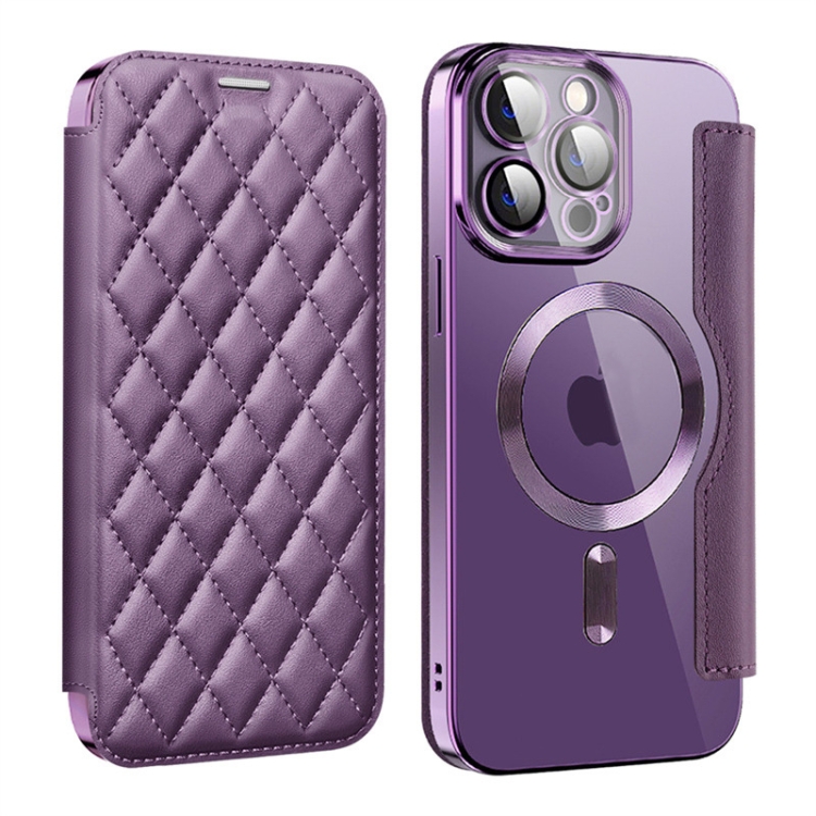 

For iPhone 14 Pro Shield Magsafe RFID Anti-theft Rhombus Leather Phone Case(Purple)
