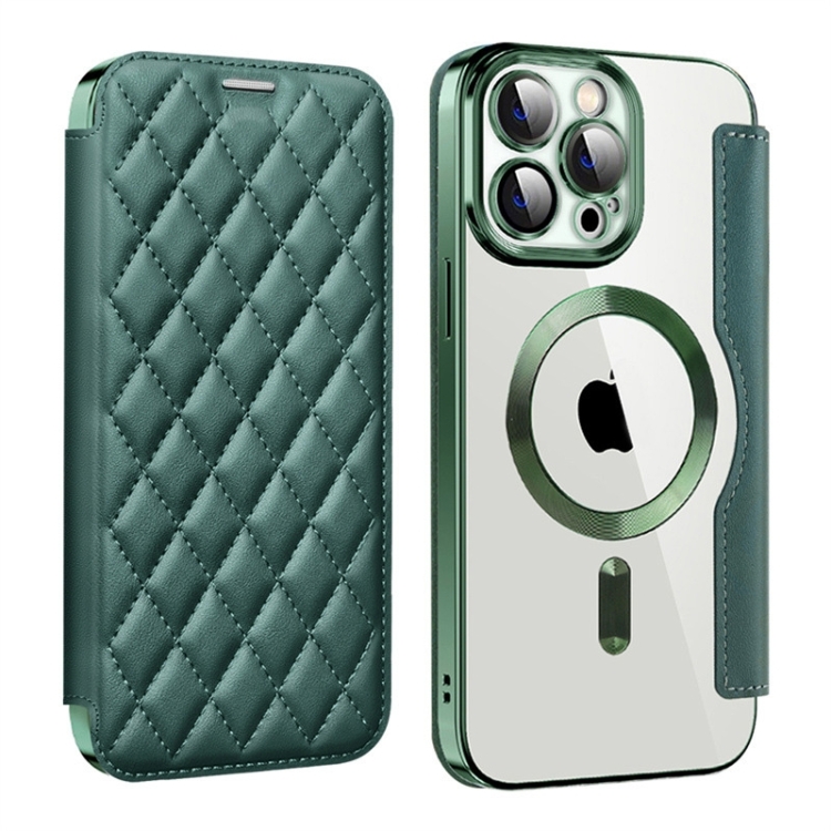 

For iPhone 15 Pro Max Shield Magsafe RFID Anti-theft Rhombus Leather Phone Case(Green)
