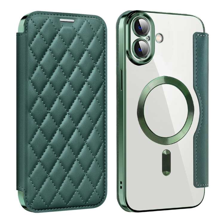 

For iPhone 16 Shield Magsafe RFID Anti-theft Rhombus Leather Phone Case(Green)