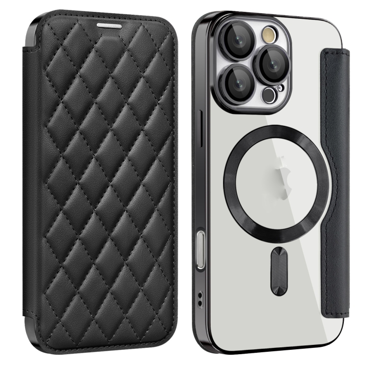 

For iPhone 16 Pro Shield Magsafe RFID Anti-theft Rhombus Leather Phone Case(Black)