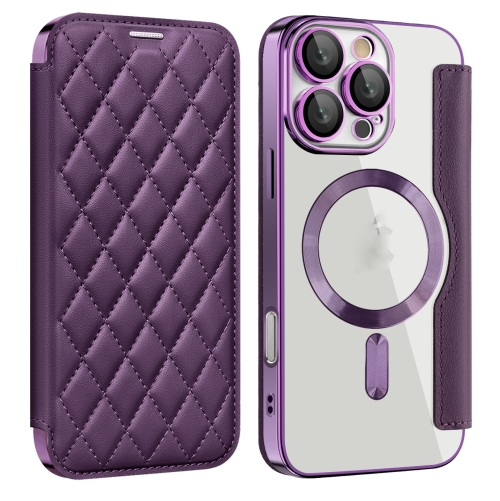 

For iPhone 16 Pro Shield Magsafe RFID Anti-theft Rhombus Leather Phone Case(Purple)